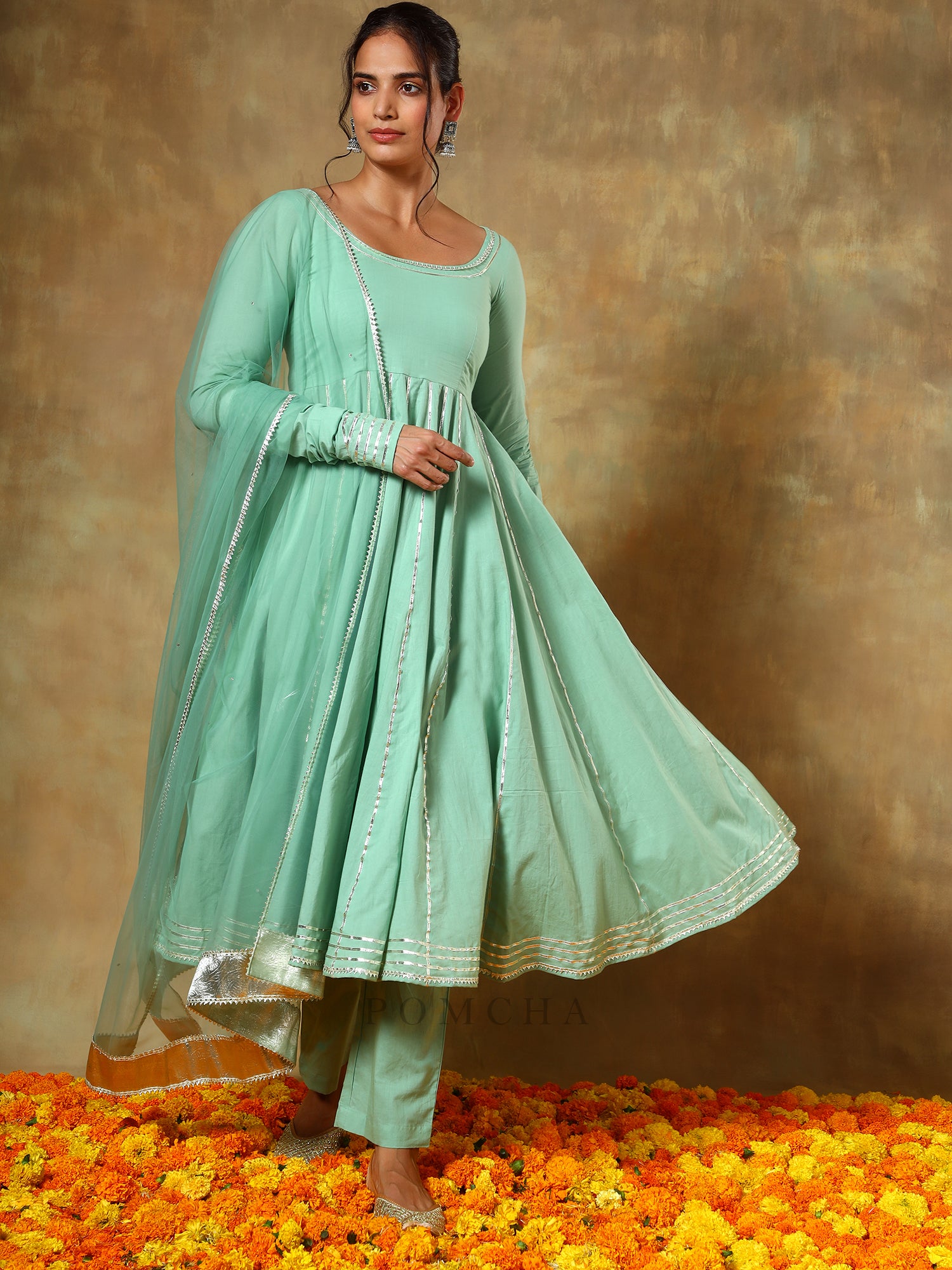 GUZARISH SEA GREEN COTTON ANARKALI SET