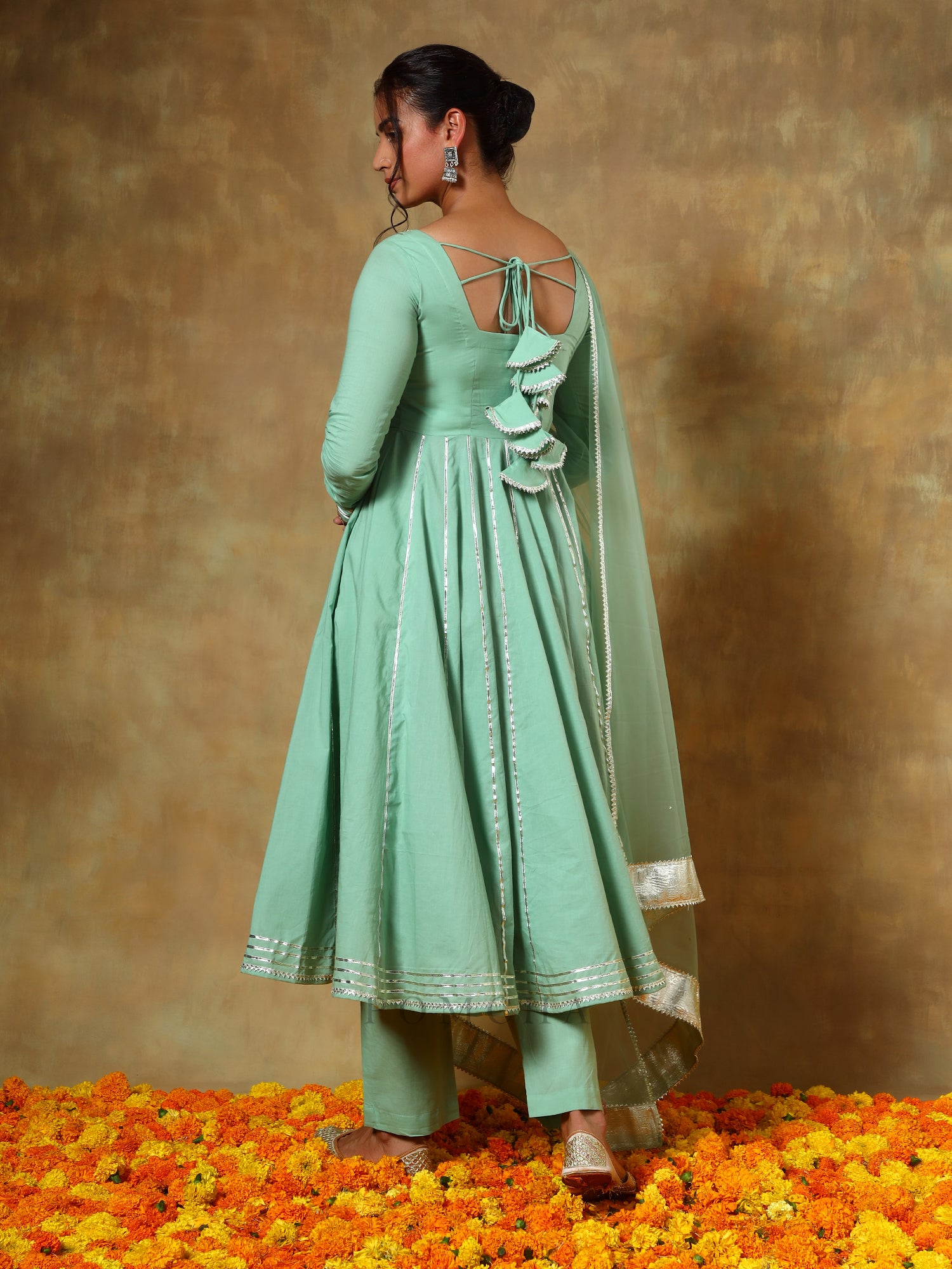 GUZARISH SEA GREEN COTTON ANARKALI SET