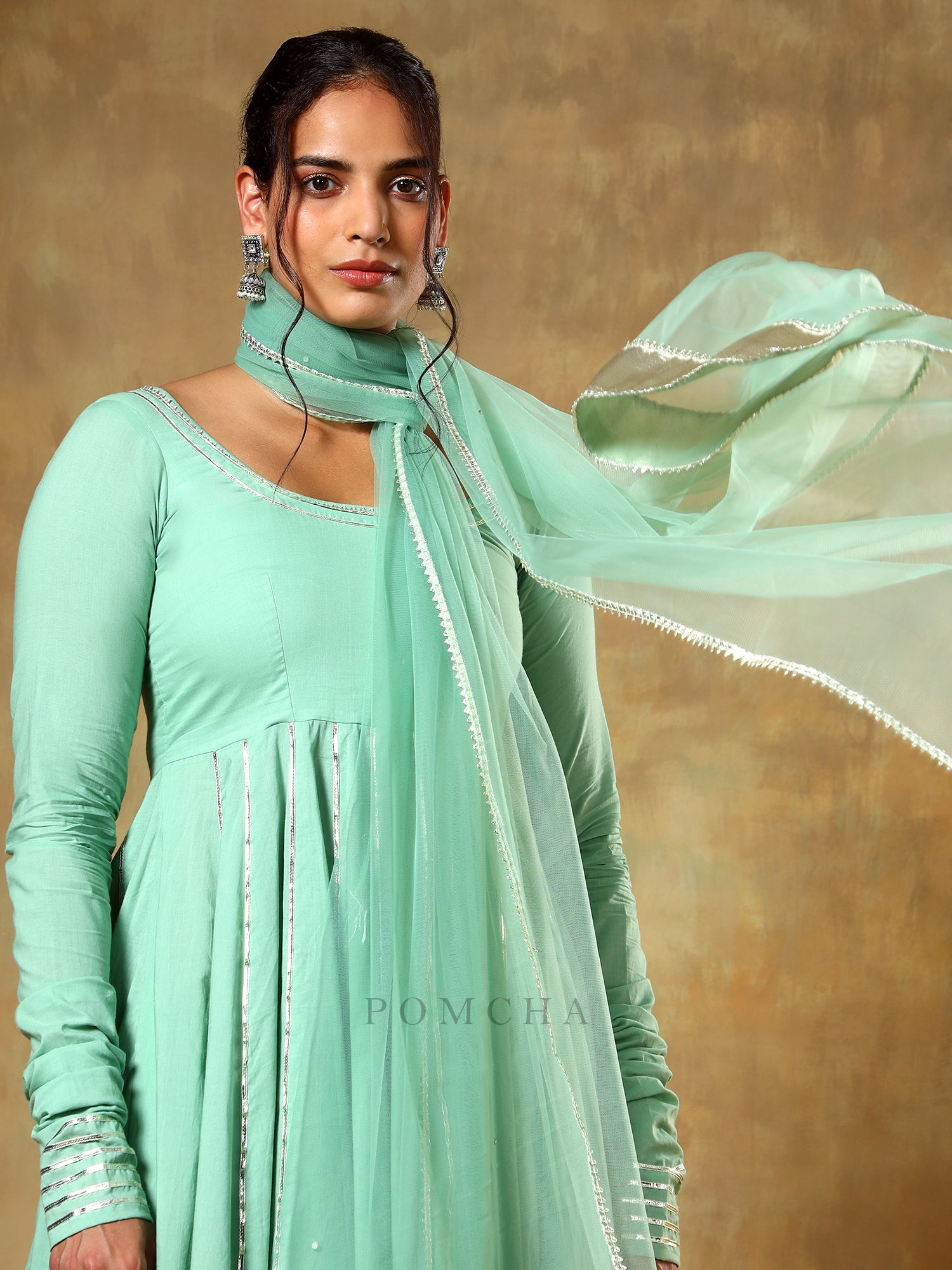 GUZARISH SEA GREEN COTTON ANARKALI SET