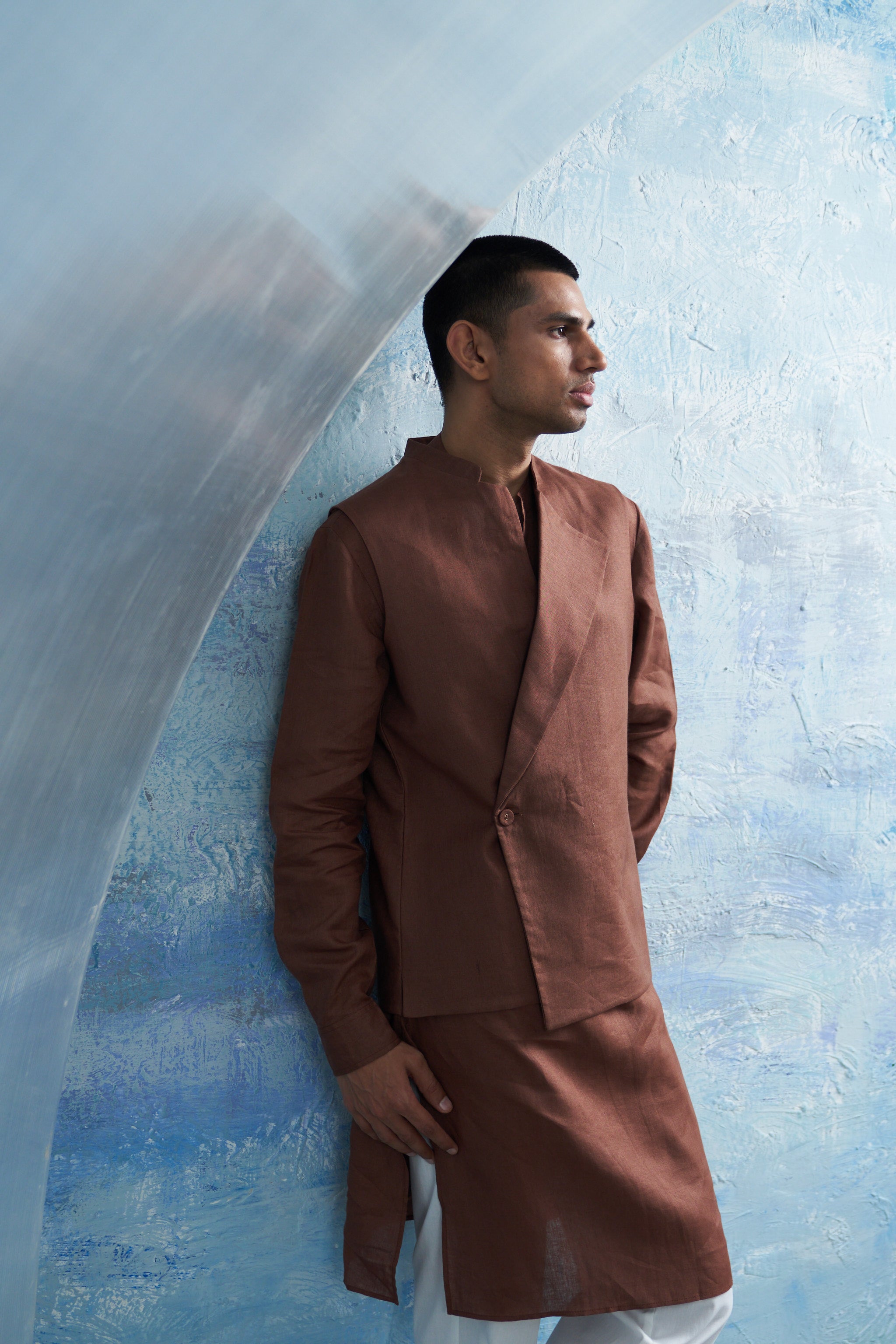 WOODY BROWN STRAIGHT KURTA SET WITH JACKET