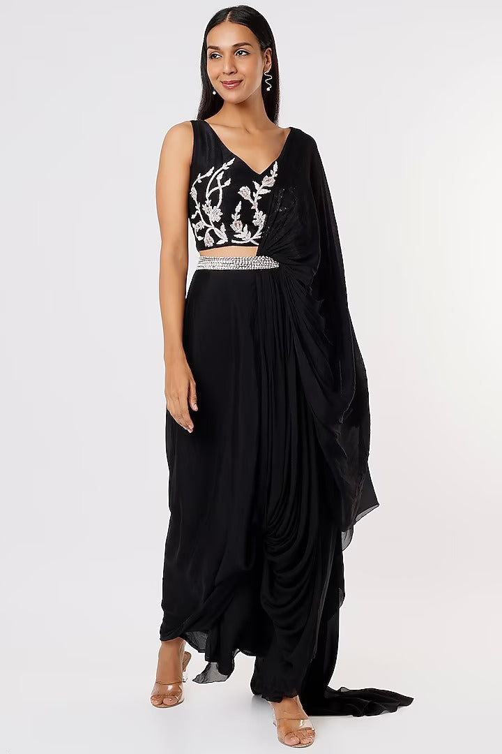 BLACK SILK DRAPED SAREE SET