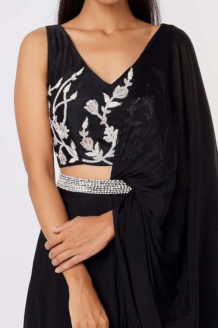 BLACK SILK DRAPED SAREE SET