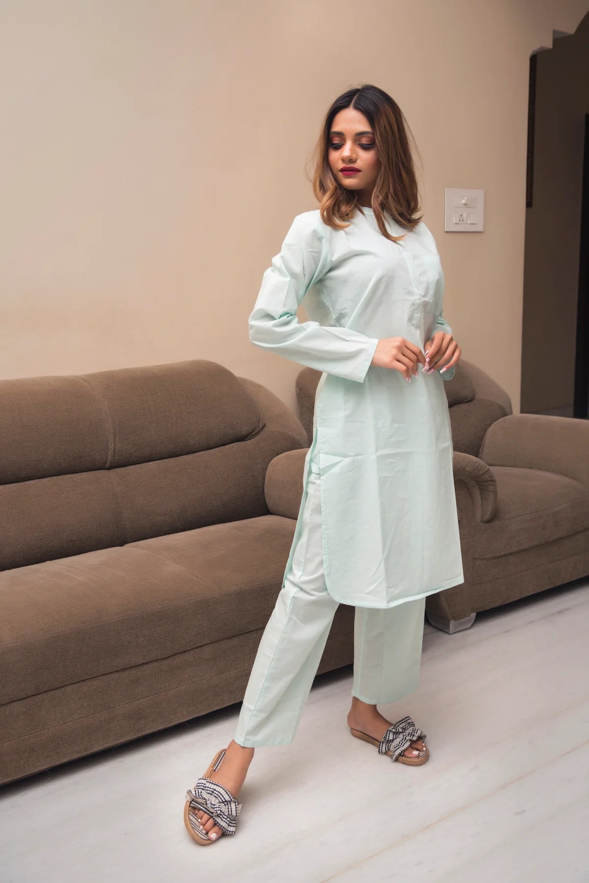 SNOW BLUE COTTON KURTA PANT SET