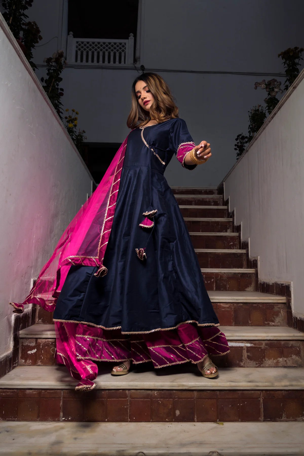 ROYAL BLUE RANI PINK COTTON SILK ANGRAKHA