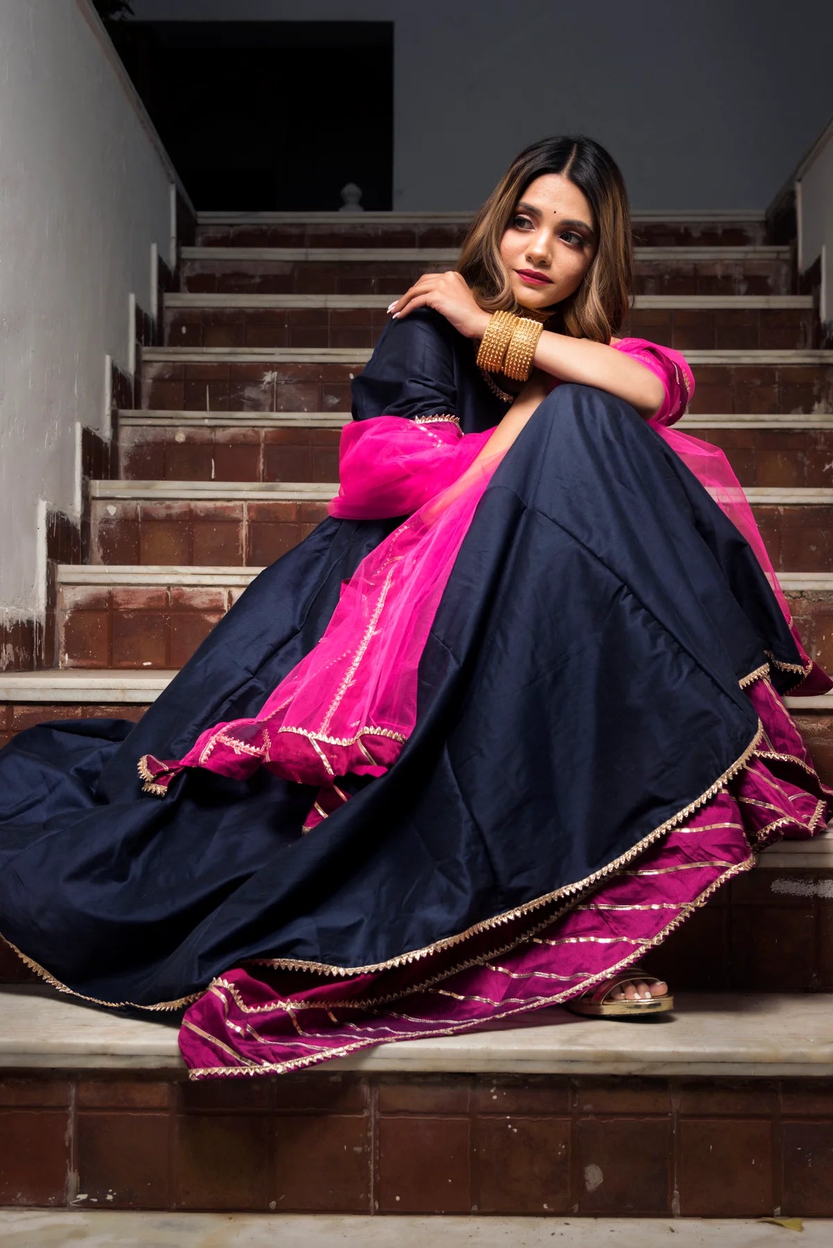 ROYAL BLUE RANI PINK COTTON SILK ANGRAKHA